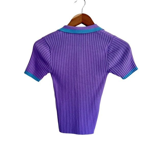 Lazy Oaf Sz US 2/XS Tiny Heart Polo Ribbed Knit Stretch Cotton Purple Cropped - Picture 6 of 10